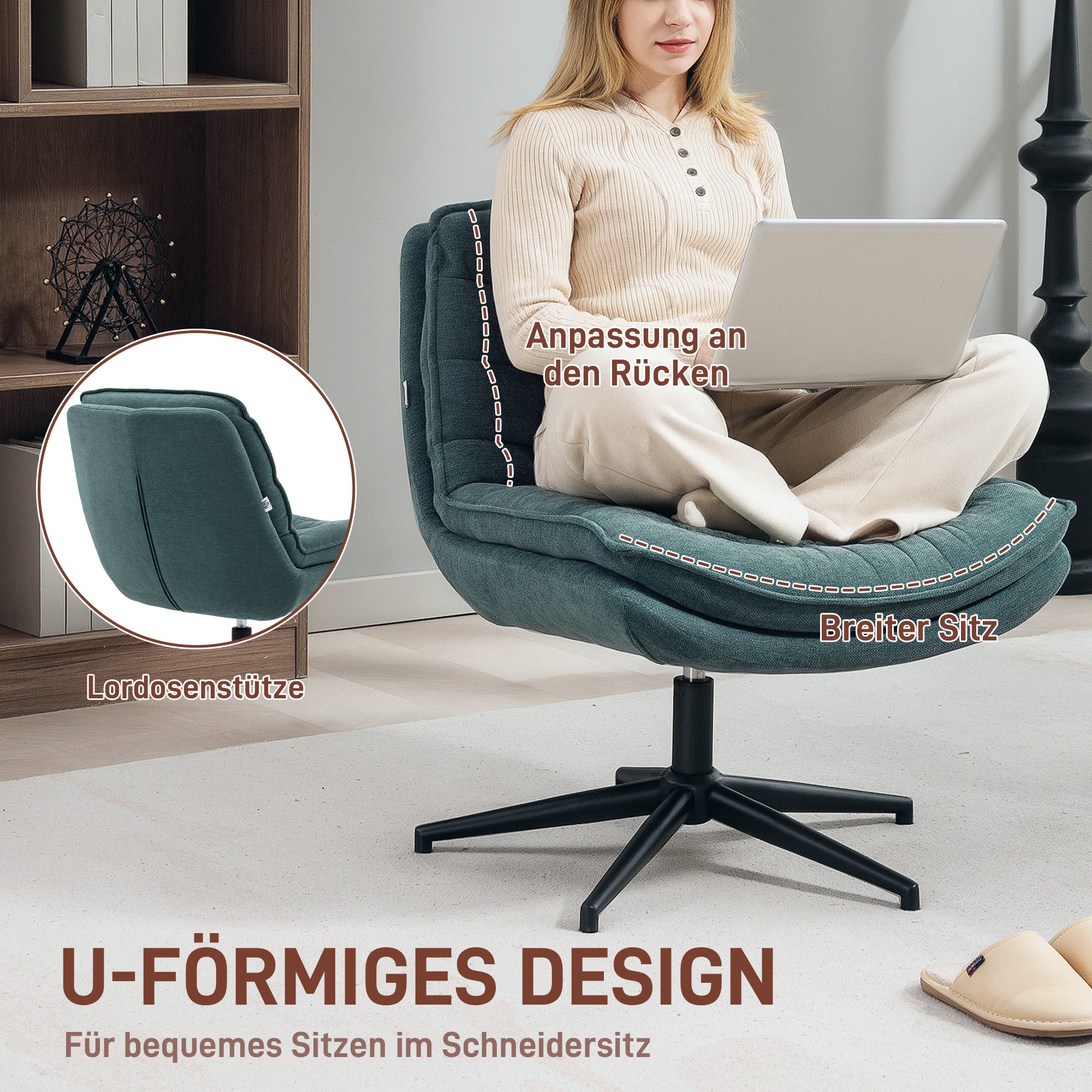 Office Chair Desk Chair without Armrests with Wide Seat, Height Adjustable Tailor Seat Chair Double Thick Swivel Chair with Linen Look, for Home Office, Dark Green