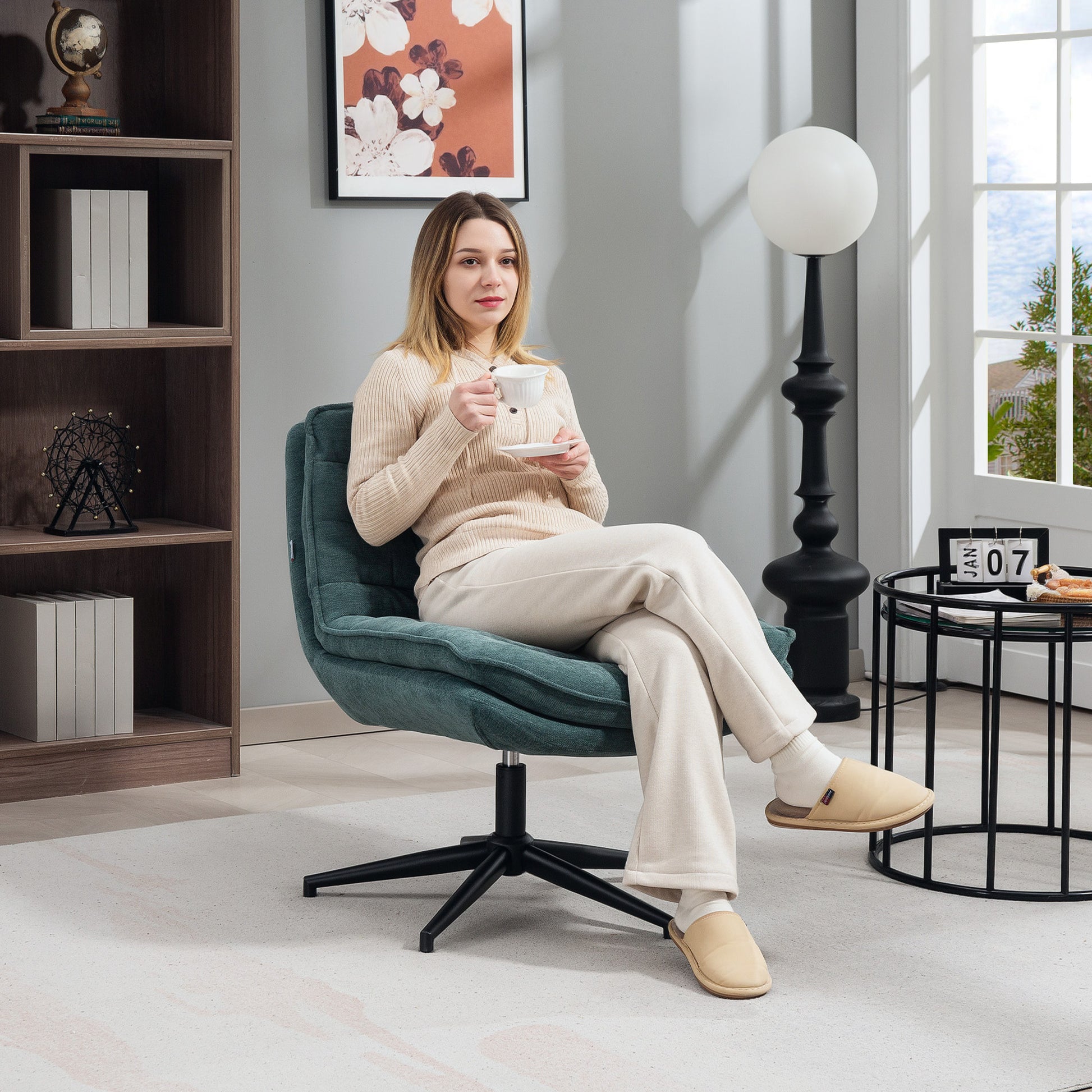 Office Chair Desk Chair without Armrests with Wide Seat, Height Adjustable Tailor Seat Chair Double Thick Swivel Chair with Linen Look, for Home Office, Dark Green