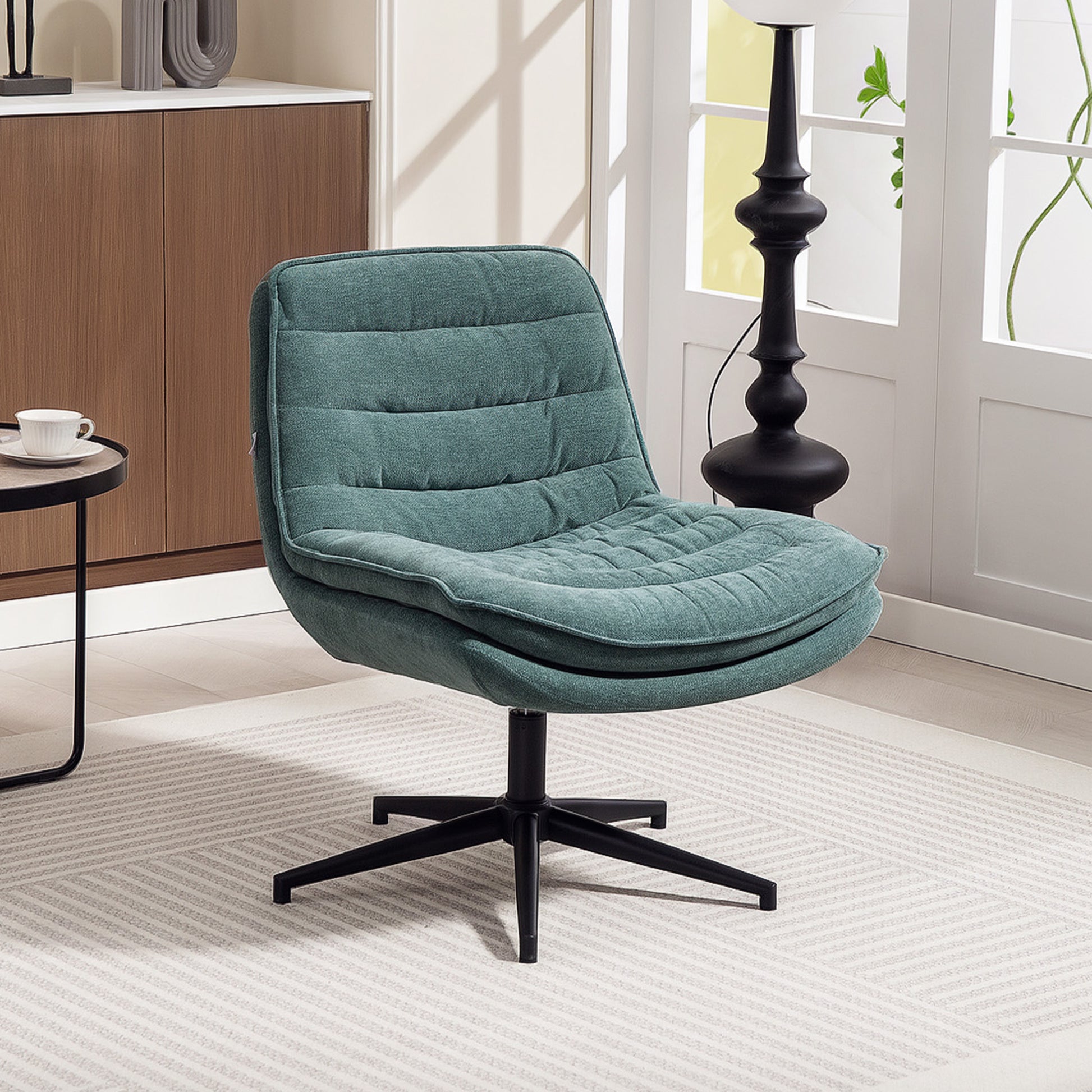 Office Chair Desk Chair without Armrests with Wide Seat, Height Adjustable Tailor Seat Chair Double Thick Swivel Chair with Linen Look, for Home Office, Dark Green