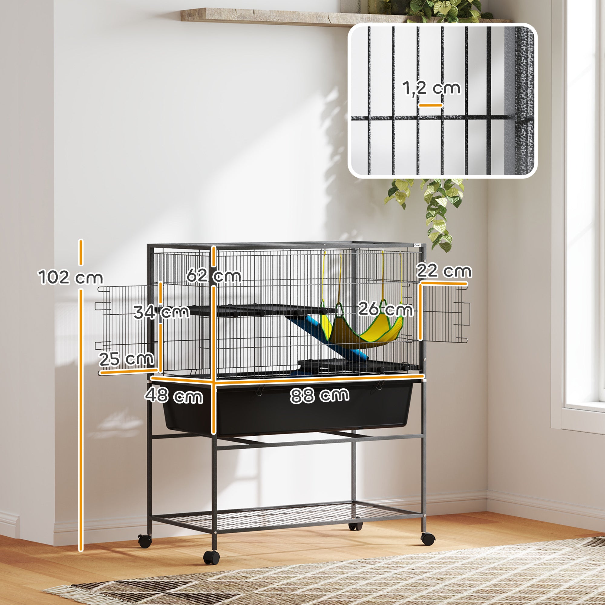 3-Tier Ferret Cage Rabbit Cage with Wheels Ramps Hammock and Removable Tray Small Animal Cage Rodents Chinchillas 88x48x102 cm Dark Gray
