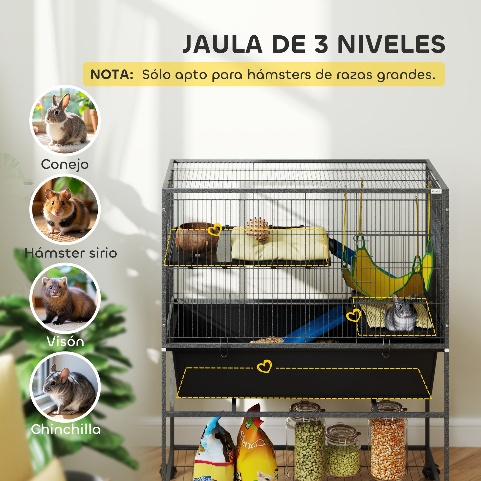 3-Tier Ferret Cage Rabbit Cage with Wheels Ramps Hammock and Removable Tray Small Animal Cage Rodents Chinchillas 88x48x102 cm Dark Gray