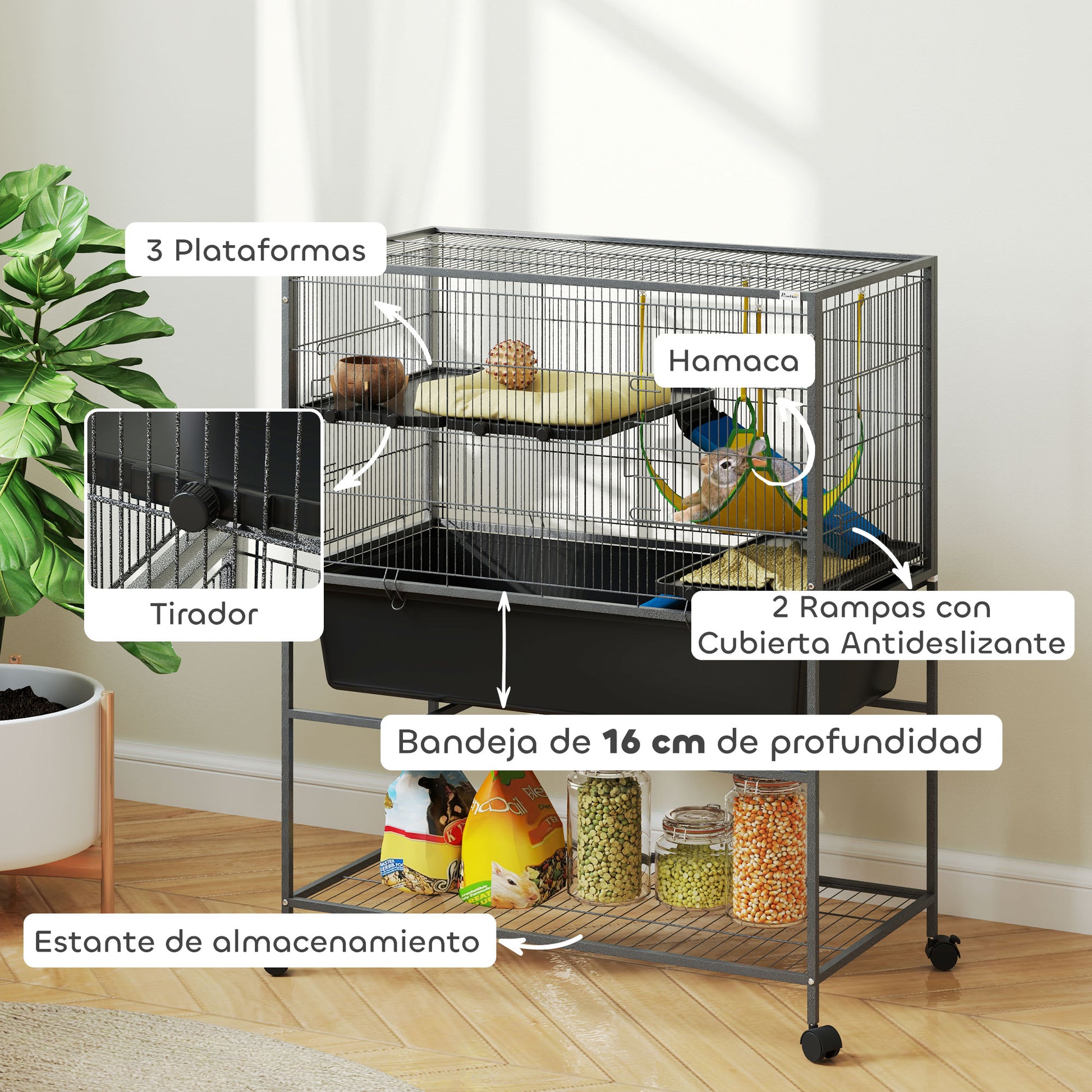 3-Tier Ferret Cage Rabbit Cage with Wheels Ramps Hammock and Removable Tray Small Animal Cage Rodents Chinchillas 88x48x102 cm Dark Gray