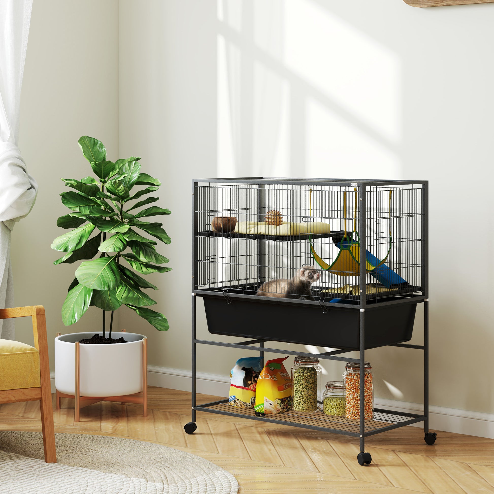 3-Tier Ferret Cage Rabbit Cage with Wheels Ramps Hammock and Removable Tray Small Animal Cage Rodents Chinchillas 88x48x102 cm Dark Gray