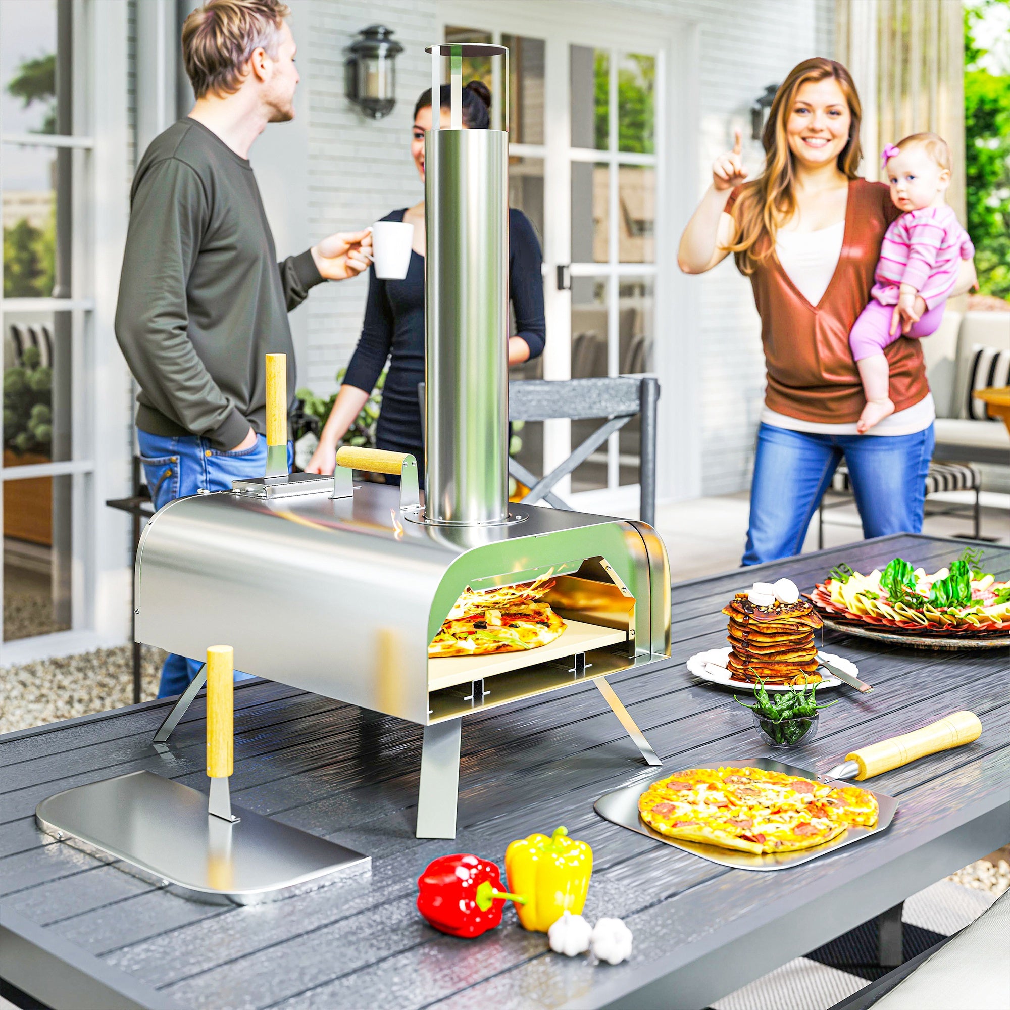 Outdoor Pizza Oven Wood-Fired Pizza Oven Made of Stainless Steel, Oven with 1cm Thick Pizza Stone Folding Legs Pizza Peel Lid Portable Wood Oven Pizza Ovens for Camping Garden Party