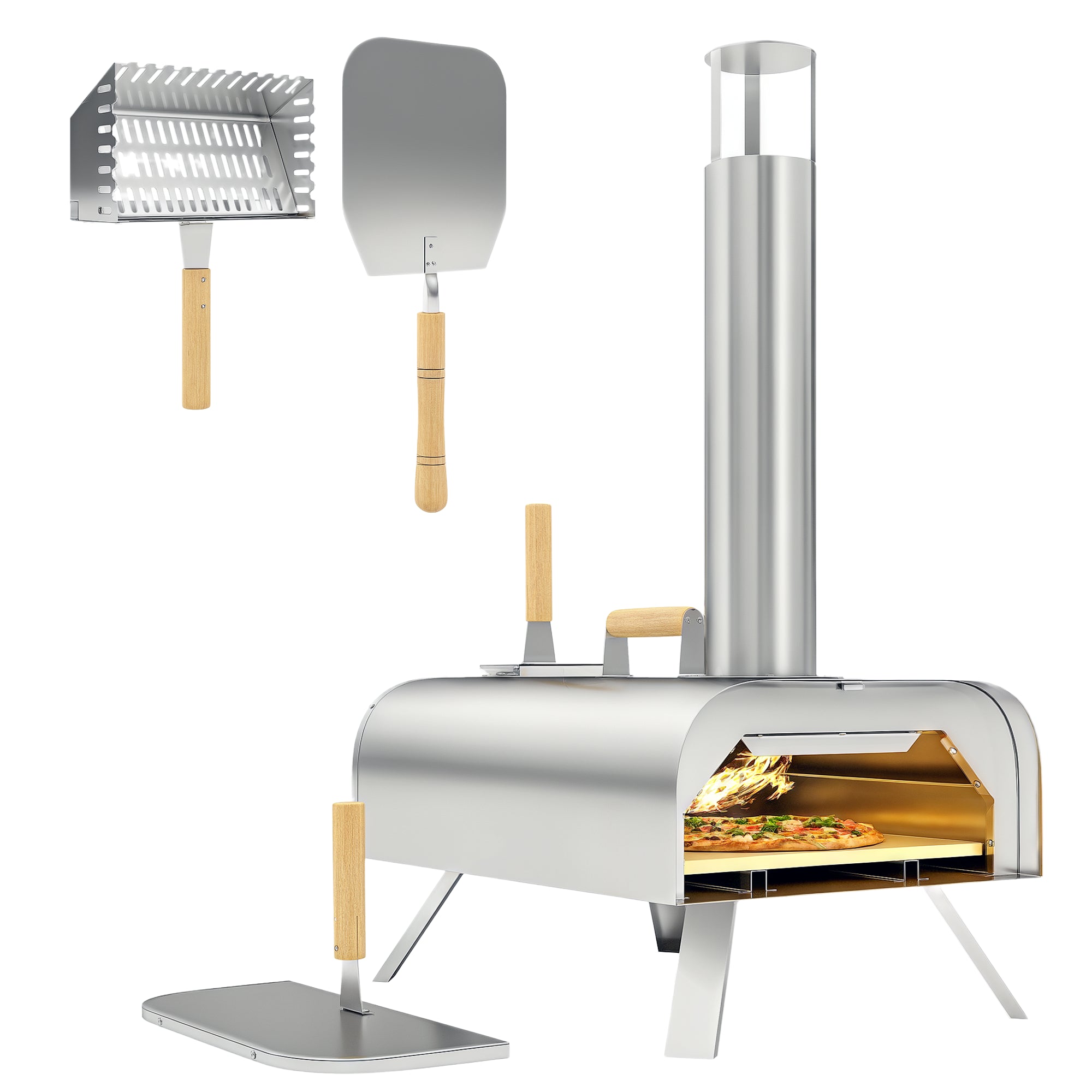 Outdoor Pizza Oven Wood-Fired Pizza Oven Made of Stainless Steel, Oven with 1cm Thick Pizza Stone Folding Legs Pizza Peel Lid Portable Wood Oven Pizza Ovens for Camping Garden Party