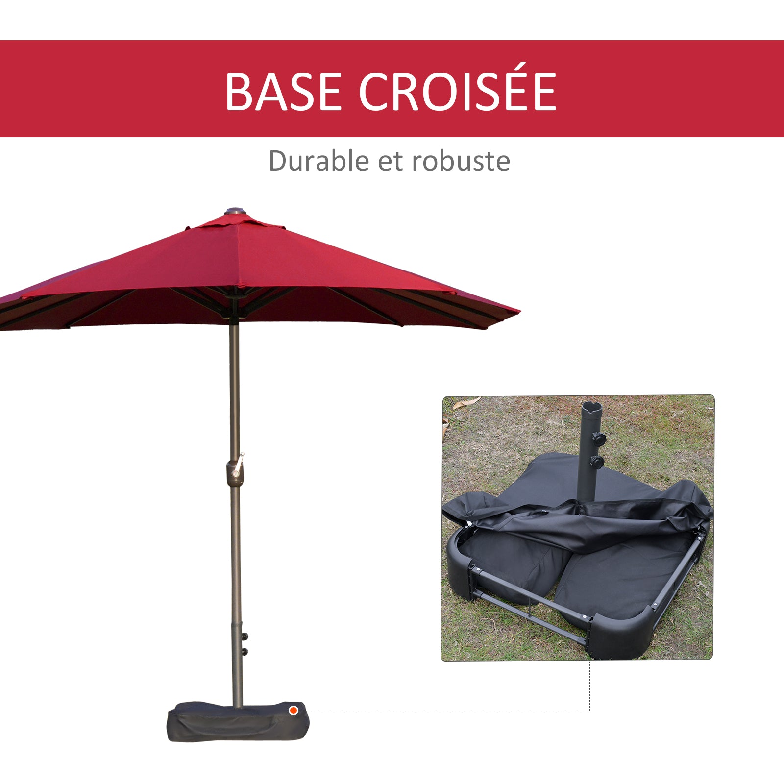 Outdoor Garden Umbrella Double Rectangular Parasol 4.6L x 2.7W x 2.4H m with crank opening-closing, sandbags, and base included, for balcony, pool, Bordeaux