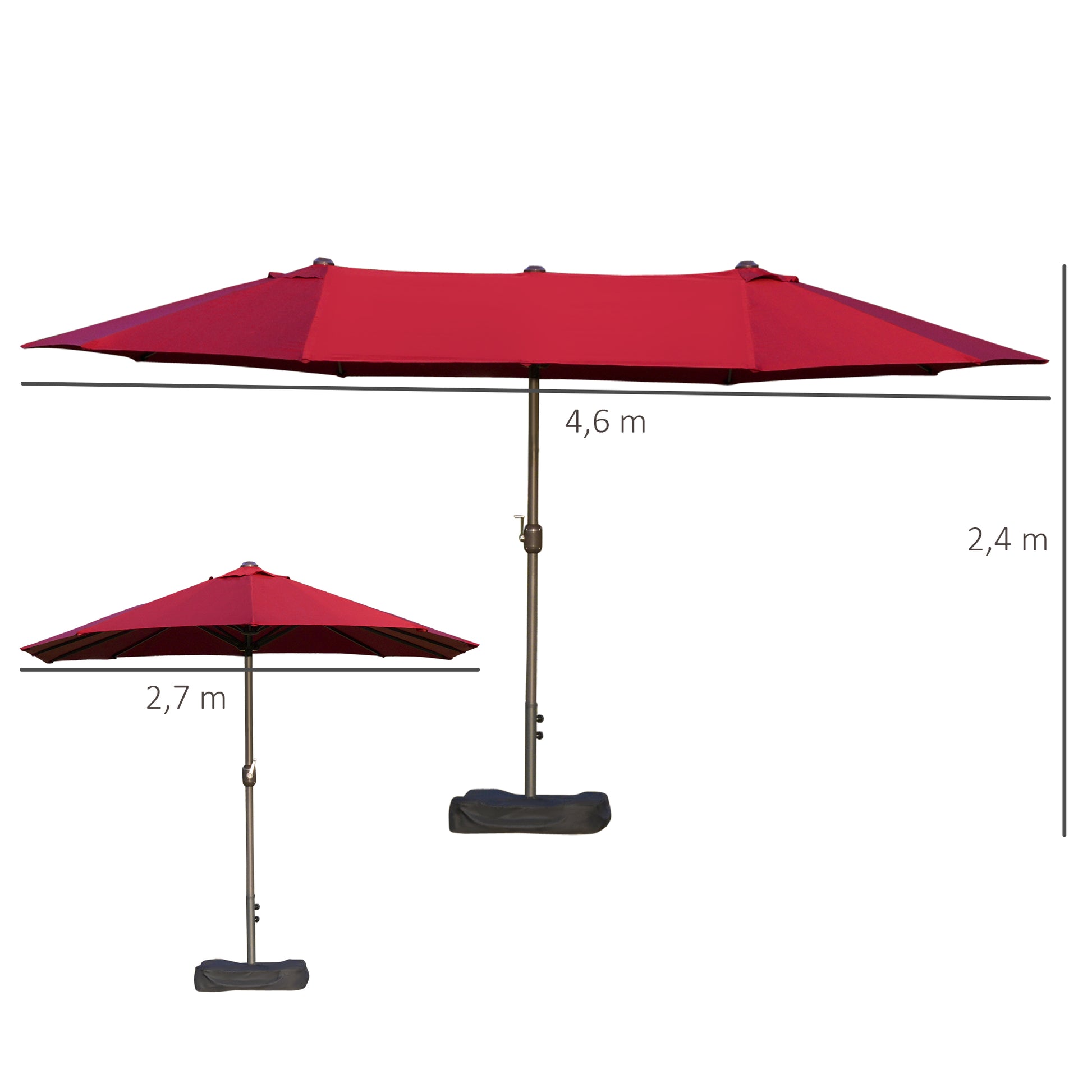 Outdoor Garden Umbrella Double Rectangular Parasol 4.6L x 2.7W x 2.4H m with crank opening-closing, sandbags, and base included, for balcony, pool, Bordeaux
