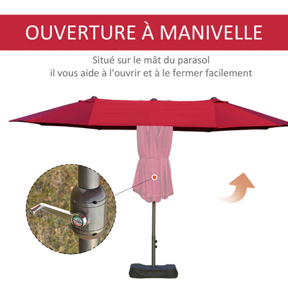 Outdoor Garden Umbrella Double Rectangular Parasol 4.6L x 2.7W x 2.4H m with crank opening-closing, sandbags, and base included, for balcony, pool, Bordeaux