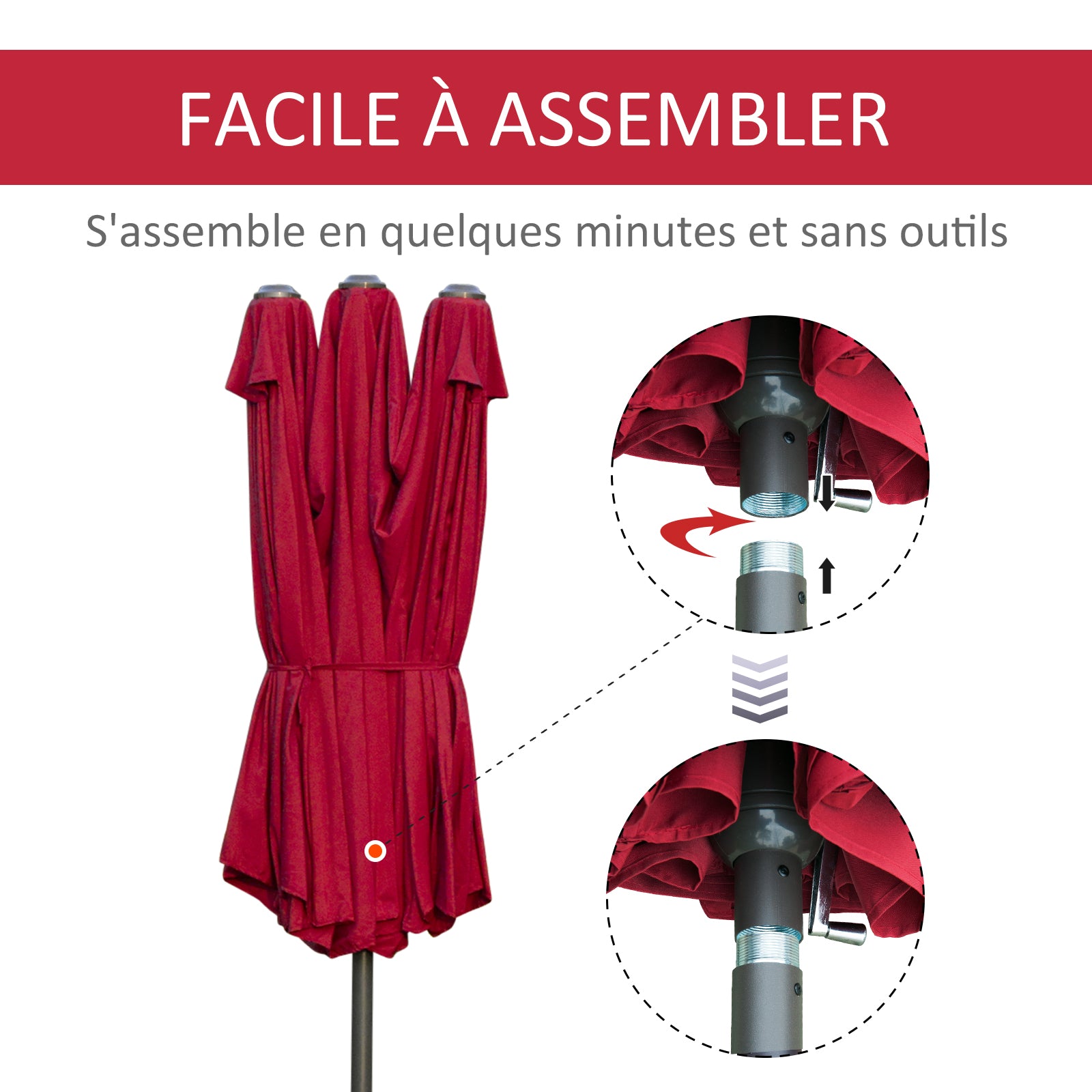Outdoor Garden Umbrella Double Rectangular Parasol 4.6L x 2.7W x 2.4H m with crank opening-closing, sandbags, and base included, for balcony, pool, Bordeaux