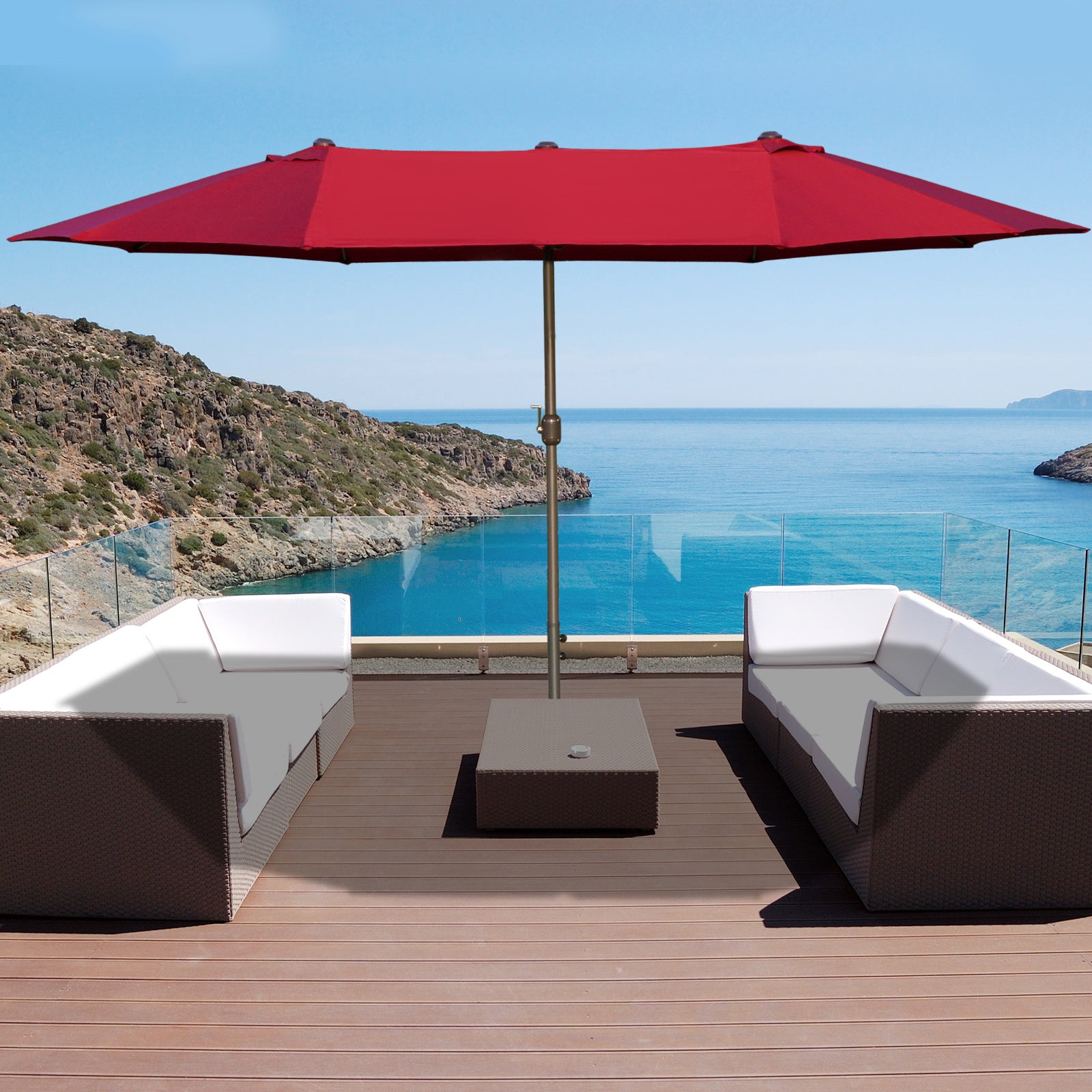 Outdoor Garden Umbrella Double Rectangular Parasol 4.6L x 2.7W x 2.4H m with crank opening-closing, sandbags, and base included, for balcony, pool, Bordeaux