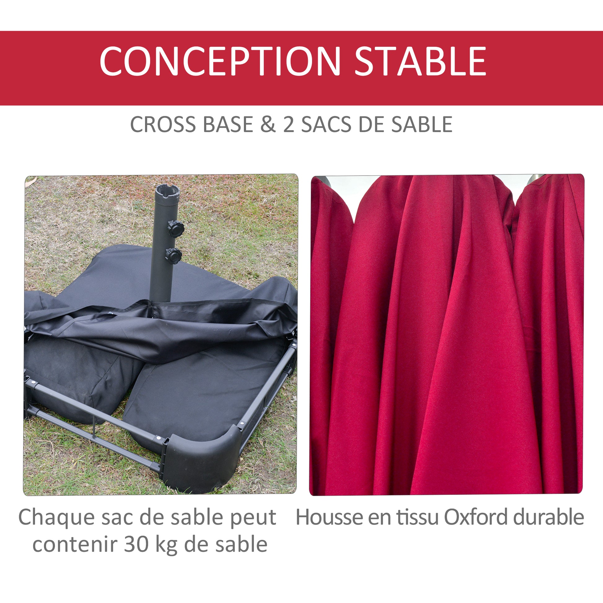 Outdoor Garden Umbrella Double Rectangular Parasol 4.6L x 2.7W x 2.4H m with crank opening-closing, sandbags, and base included, for balcony, pool, Bordeaux