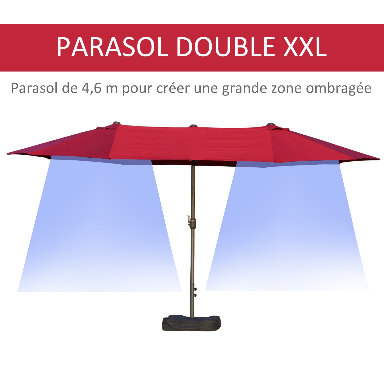 Outdoor Garden Umbrella Double Rectangular Parasol 4.6L x 2.7W x 2.4H m with crank opening-closing, sandbags, and base included, for balcony, pool, Bordeaux
