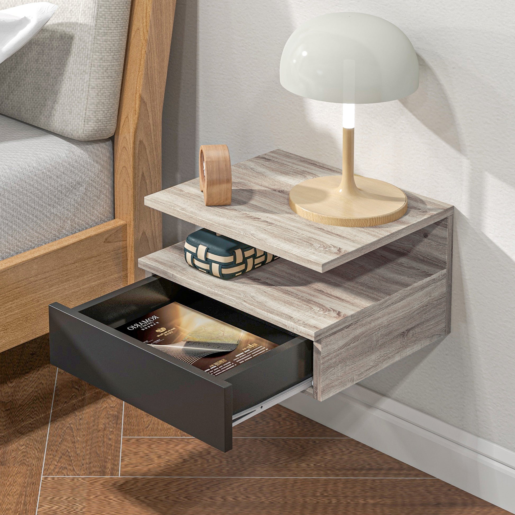 Set of 2 Floating Nightstands Hanging Bedside Tables with 1 Drawer and Open Shelf for Bedroom 35x32x22.5 cm Oak and Black
