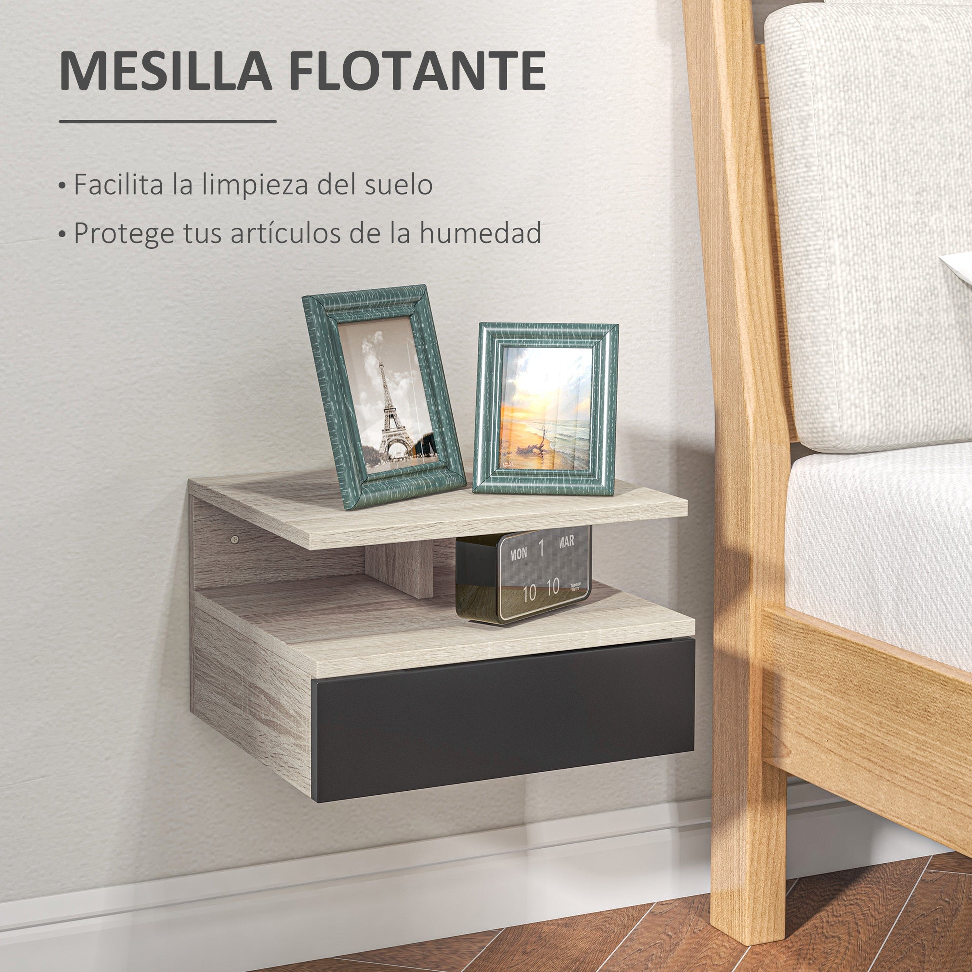 Set of 2 Floating Nightstands Hanging Bedside Tables with 1 Drawer and Open Shelf for Bedroom 35x32x22.5 cm Oak and Black