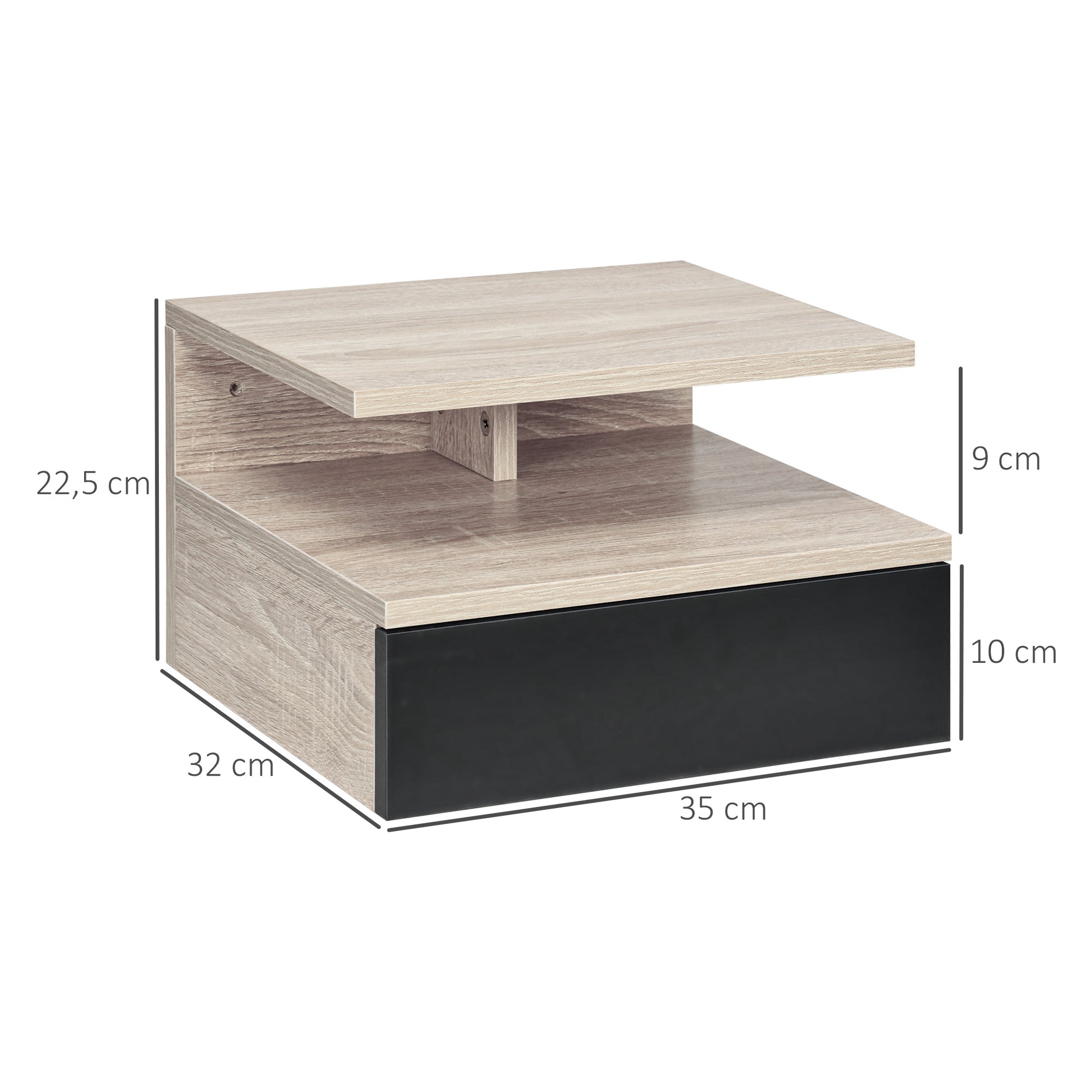 Set of 2 Floating Nightstands Hanging Bedside Tables with 1 Drawer and Open Shelf for Bedroom 35x32x22.5 cm Oak and Black