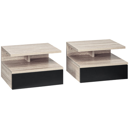 Set of 2 Floating Nightstands Hanging Bedside Tables with 1 Drawer and Open Shelf for Bedroom 35x32x22.5 cm Oak and Black