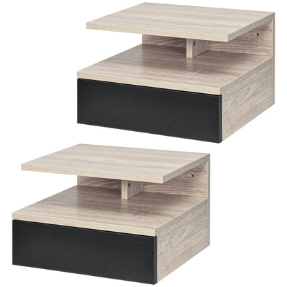 Set of 2 Floating Nightstands Hanging Bedside Tables with 1 Drawer and Open Shelf for Bedroom 35x32x22.5 cm Oak and Black