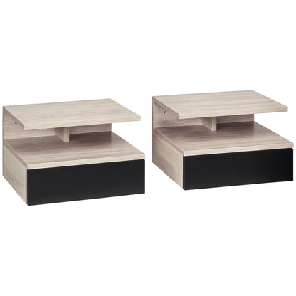 Set of 2 Floating Nightstands Hanging Bedside Tables with 1 Drawer and Open Shelf for Bedroom 35x32x22.5 cm Oak and Black