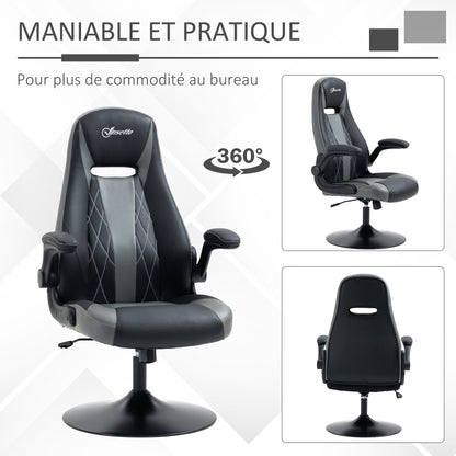 Ergonomic Gaming Chair with Swivel Metal Round Base 360° Height Adjustable Headrest Foldable Armrests PVC Gray Black