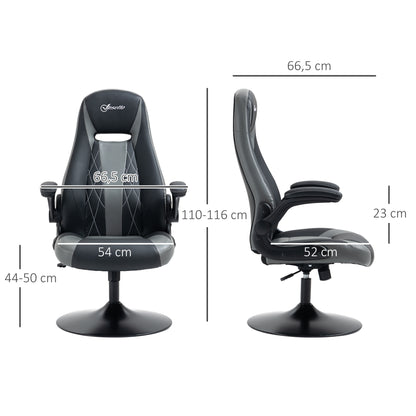 Ergonomic Gaming Chair with Swivel Metal Round Base 360° Height Adjustable Headrest Foldable Armrests PVC Gray Black