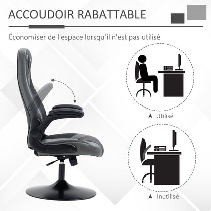 Ergonomic Gaming Chair with Swivel Metal Round Base 360° Height Adjustable Headrest Foldable Armrests PVC Gray Black