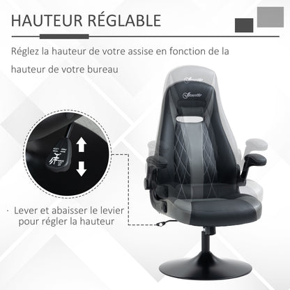 Ergonomic Gaming Chair with Swivel Metal Round Base 360° Height Adjustable Headrest Foldable Armrests PVC Gray Black