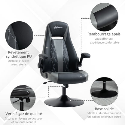 Ergonomic Gaming Chair with Swivel Metal Round Base 360° Height Adjustable Headrest Foldable Armrests PVC Gray Black