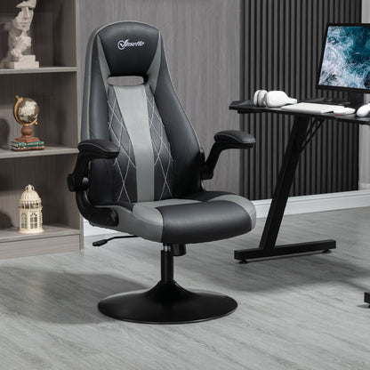Ergonomic Gaming Chair with Swivel Metal Round Base 360° Height Adjustable Headrest Foldable Armrests PVC Gray Black