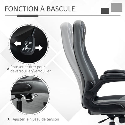 Ergonomic Gaming Chair with Swivel Metal Round Base 360° Height Adjustable Headrest Foldable Armrests PVC Gray Black