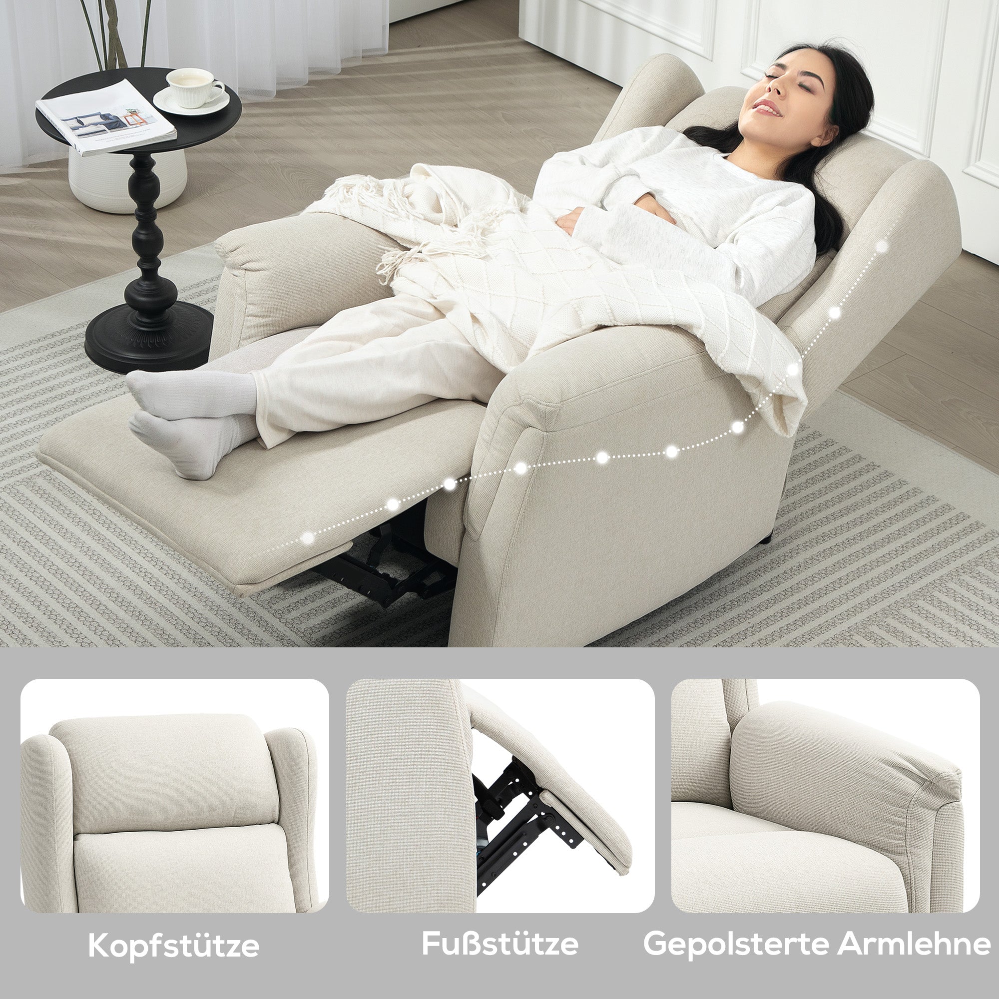 Recliner, TV Armchair with Reclining Function, TV Armchair with Pocket Spring Core, Padded Reclining Armchair, Relax Armchair up to 150 kg Load Capacity for Living Room, Bedroom, Beige