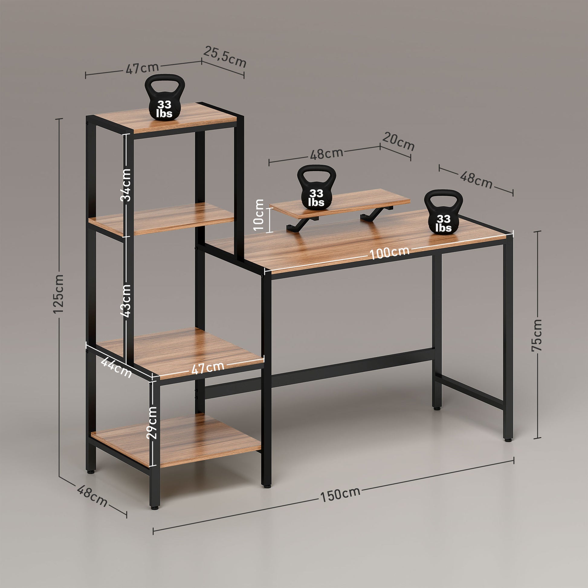 Desk 150 x 48 cm Computer Desk Office Desk with Monitor Stand, CPU Stand, Printer Shelf, 4 Shelves, Metal Frame for Home Office, Bedroom Brown