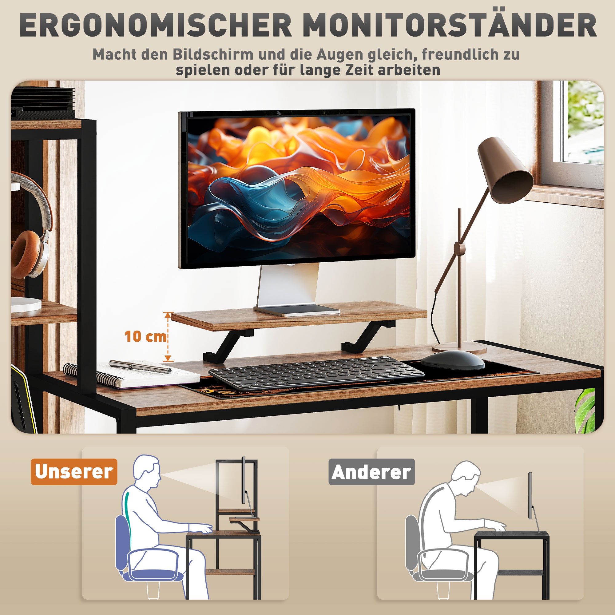 Desk 150 x 48 cm Computer Desk Office Desk with Monitor Stand, CPU Stand, Printer Shelf, 4 Shelves, Metal Frame for Home Office, Bedroom Brown