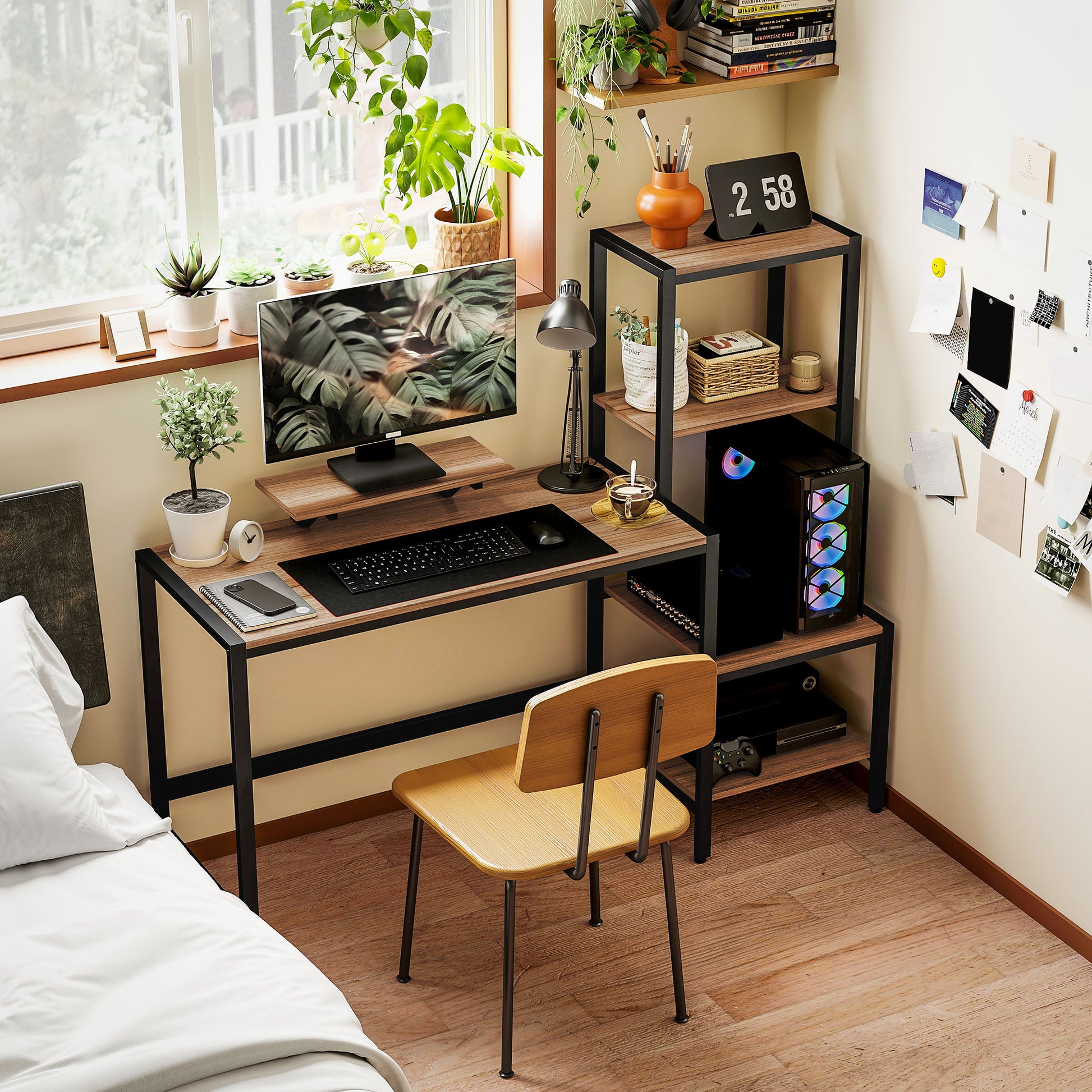 Desk 150 x 48 cm Computer Desk Office Desk with Monitor Stand, CPU Stand, Printer Shelf, 4 Shelves, Metal Frame for Home Office, Bedroom Brown