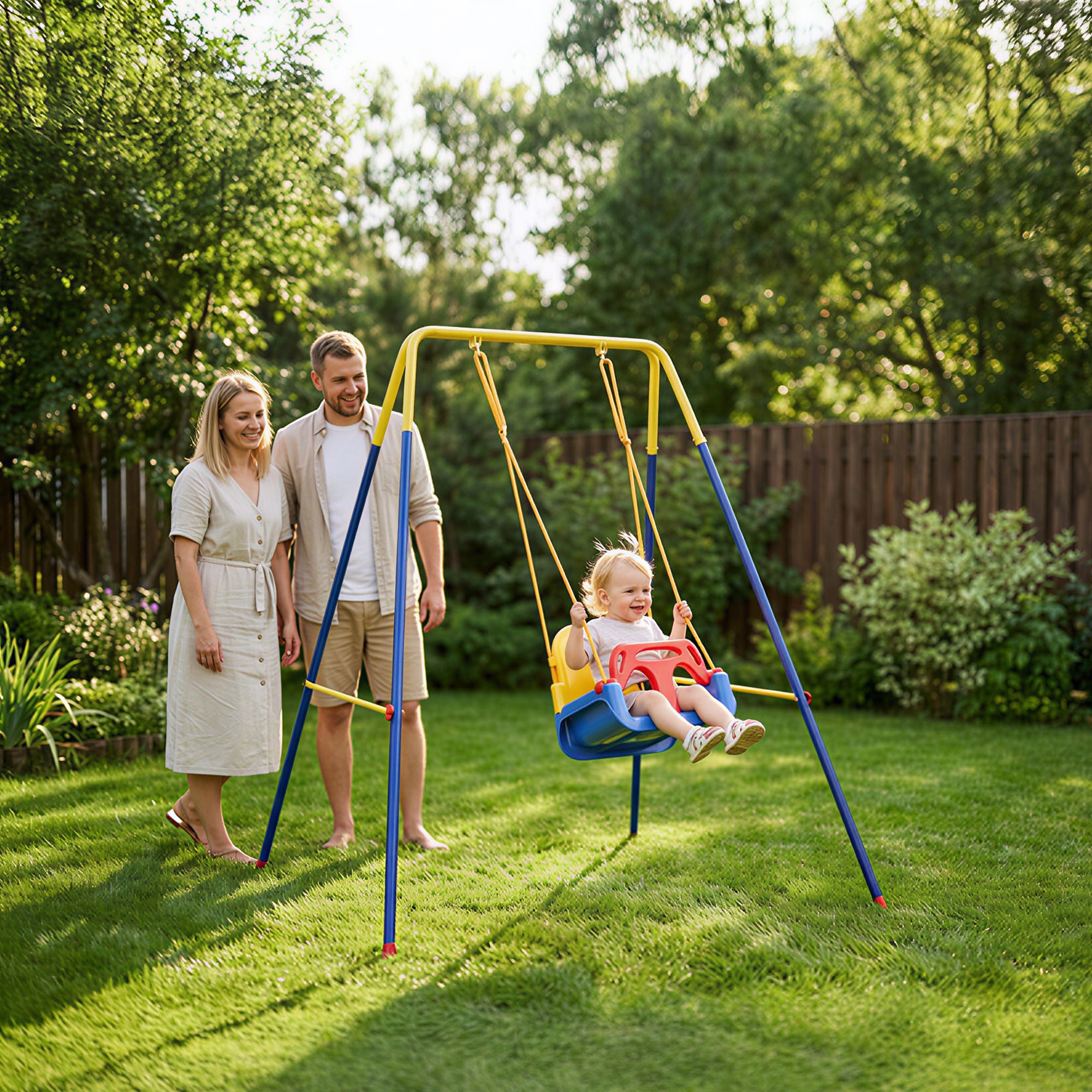 Folding Children's Swing Frame — Metal A-Frame for 1 Swing, 2 Hooks, 4 Stakes, Weather-Resistant, 110 lb Capacity, Indoor/Outdoor, 128 x 155 x 157 cm (50.4 x 61.0 x 61.8 in), Blue