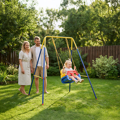 Folding Children's Swing Frame — Metal A-Frame for 1 Swing, 2 Hooks, 4 Stakes, Weather-Resistant, 110 lb Capacity, Indoor/Outdoor, 128 x 155 x 157 cm (50.4 x 61.0 x 61.8 in), Blue