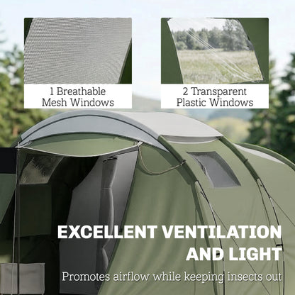 3–4 Person Camping Tent — Waterproof Family Tent with Sleeping Cabin, Front Awning & Living Area, 3000 mm Hydrostatic Head, Green
