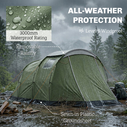 3–4 Person Camping Tent — Waterproof Family Tent with Sleeping Cabin, Front Awning & Living Area, 3000 mm Hydrostatic Head, Green