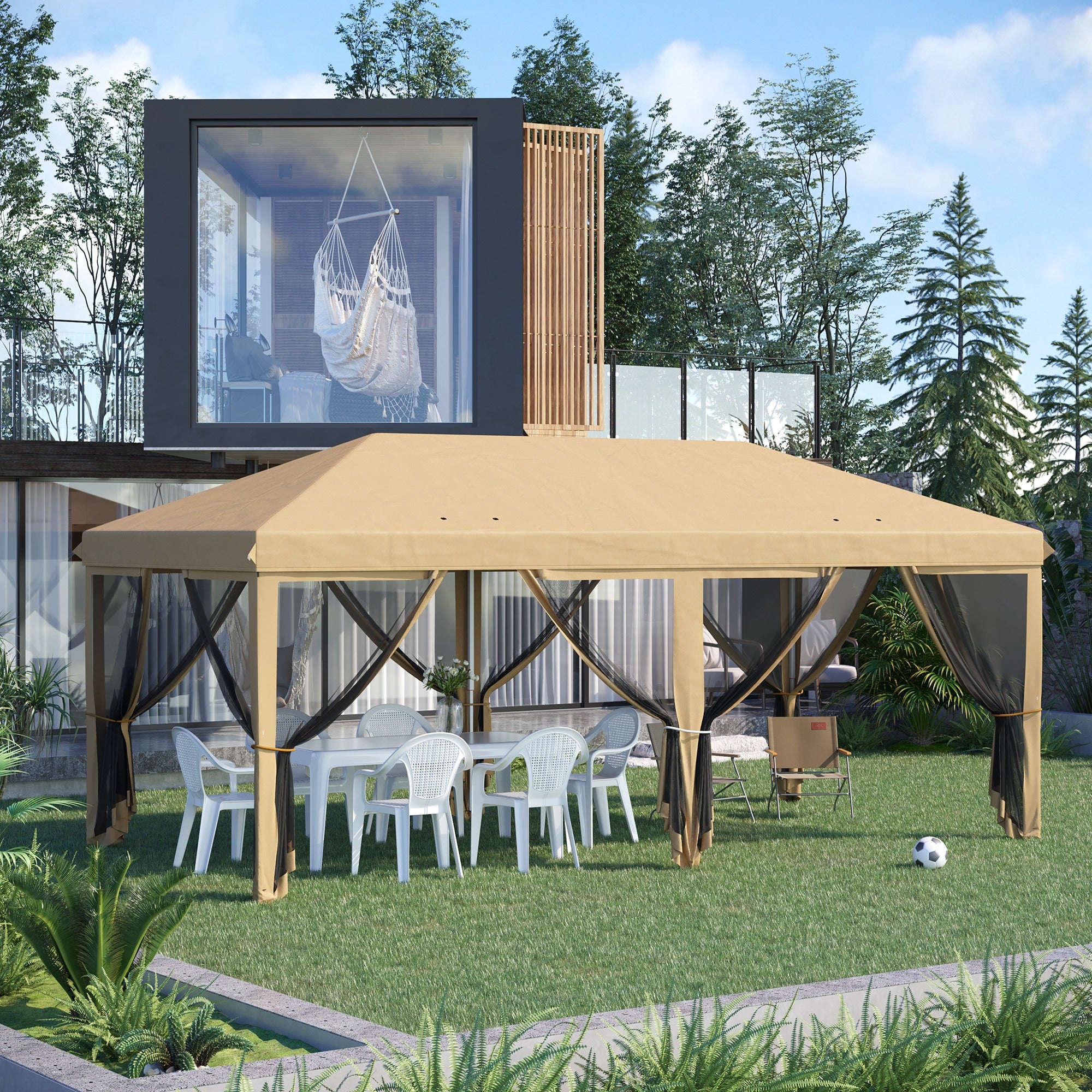 Foldable Pop-Up Gazebo 6x3 m with 6 Mesh Side Walls Anti-UV and Carrying Bag for Camping Parties Beige