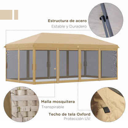 Foldable Pop-Up Gazebo 6x3 m with 6 Mesh Side Walls Anti-UV and Carrying Bag for Camping Parties Beige