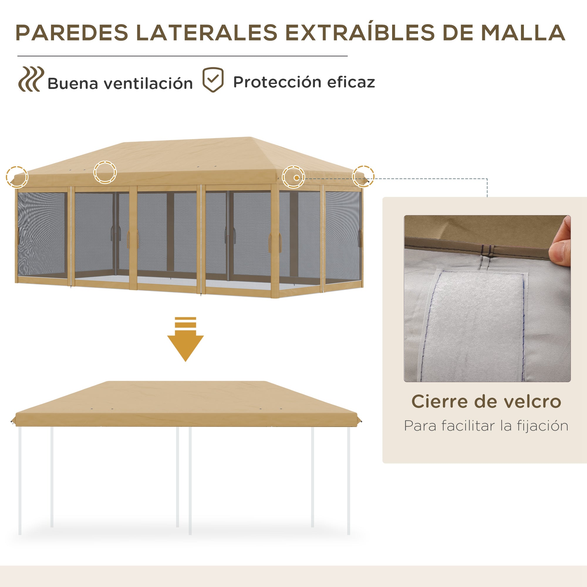 Foldable Pop-Up Gazebo 6x3 m with 6 Mesh Side Walls Anti-UV and Carrying Bag for Camping Parties Beige