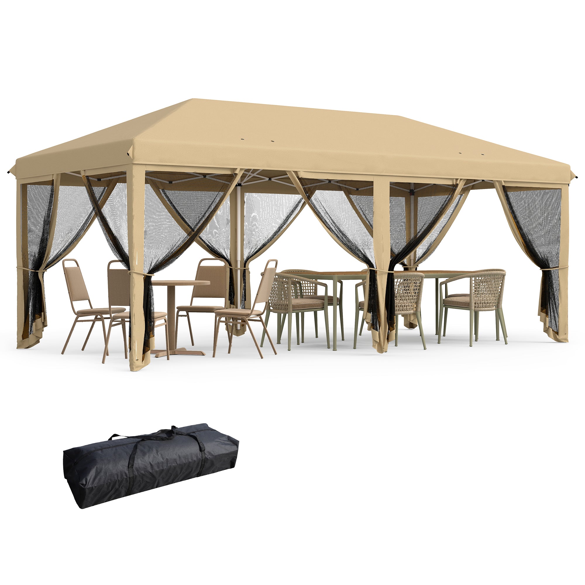 Foldable Pop-Up Gazebo 6x3 m with 6 Mesh Side Walls Anti-UV and Carrying Bag for Camping Parties Beige