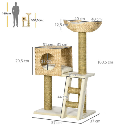 Scratching Post 100.5 cm Cat Tree with Cat Cave, Bed, Stairs, Cat Scratching Post with Sisal Scratching Posts, Cushions, for Cats up to 4.5 kg, Natural