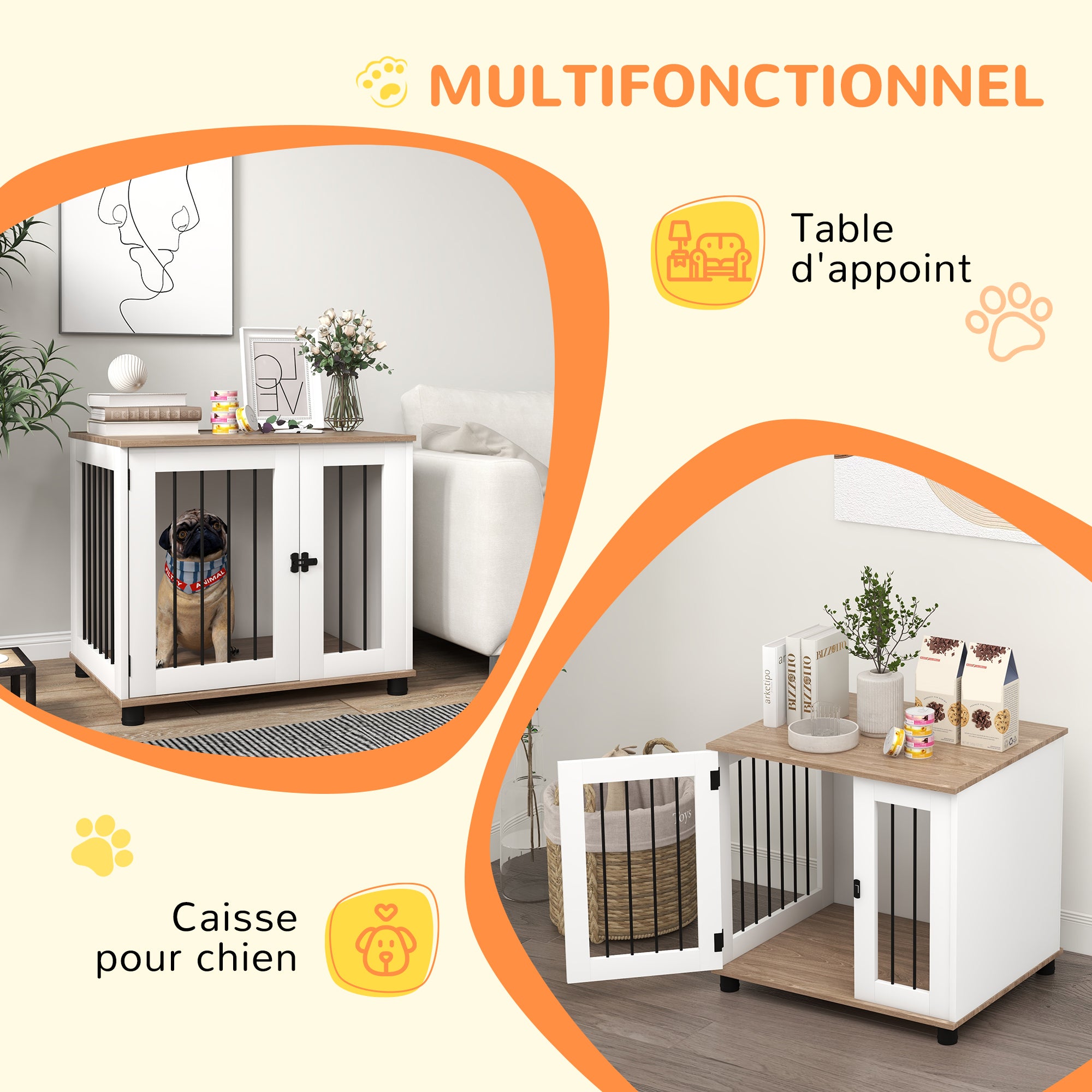 Dog Cage on Legs 2 in 1 End Table with 1 Lockable Door - 73L x 60W x 68H cm - Metal and Particle Boards