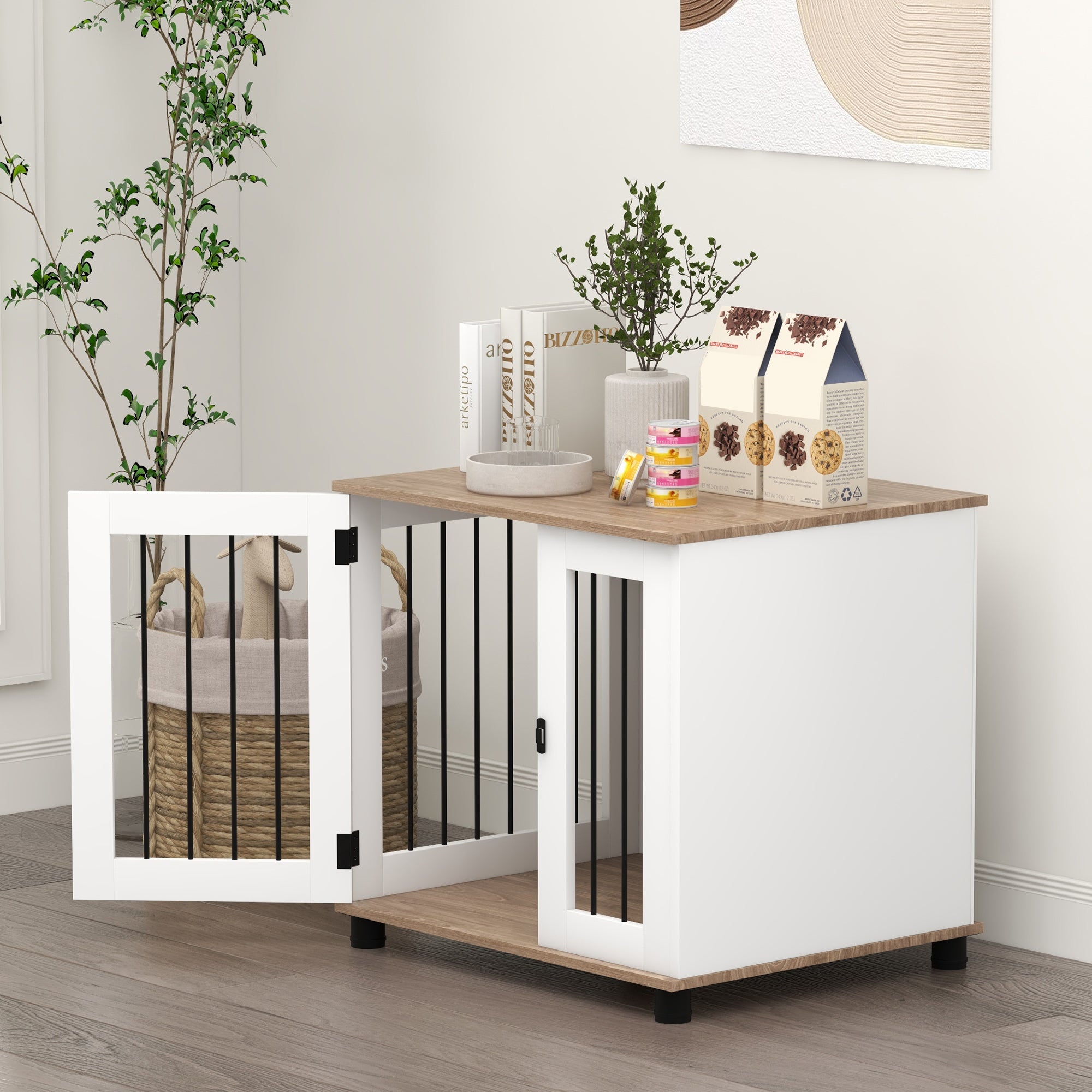 Dog Cage on Legs 2 in 1 End Table with 1 Lockable Door - 73L x 60W x 68H cm - Metal and Particle Boards