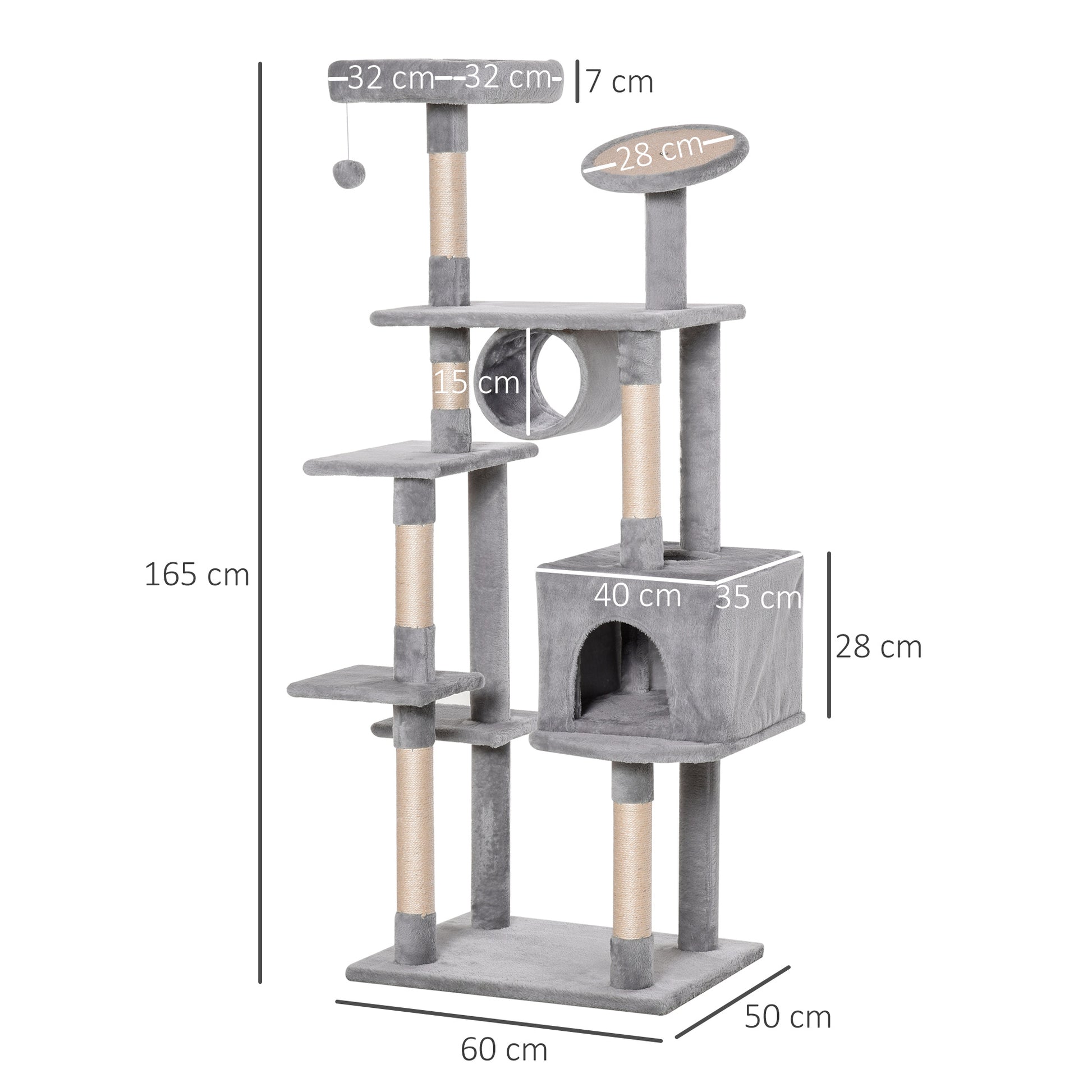 Column Scratching Post Tree 165cm with Scratching Board and Perches for Kittens and Adult Cats up to 4.5kg, Gray, 60x50x165cm