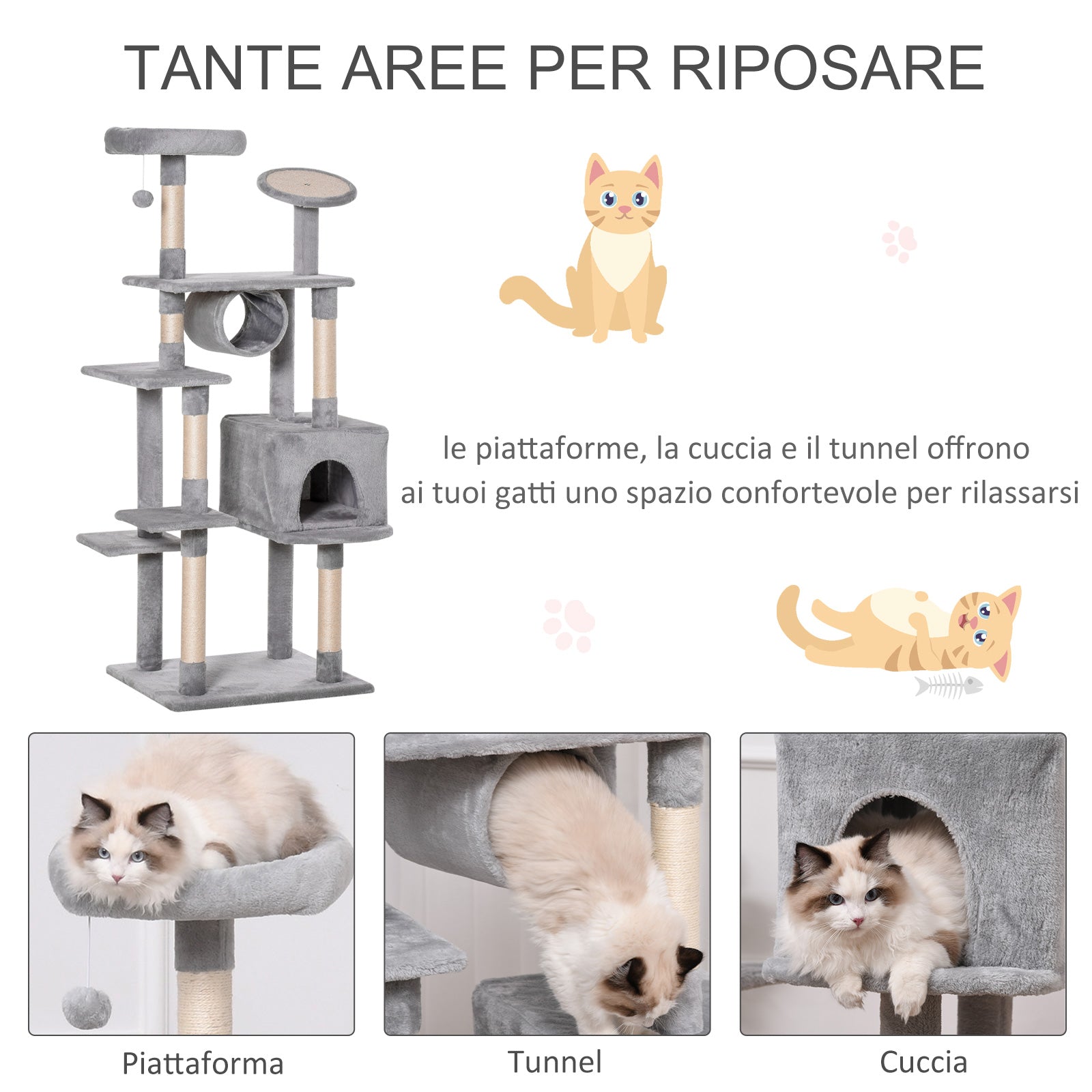 Column Scratching Post Tree 165cm with Scratching Board and Perches for Kittens and Adult Cats up to 4.5kg, Gray, 60x50x165cm