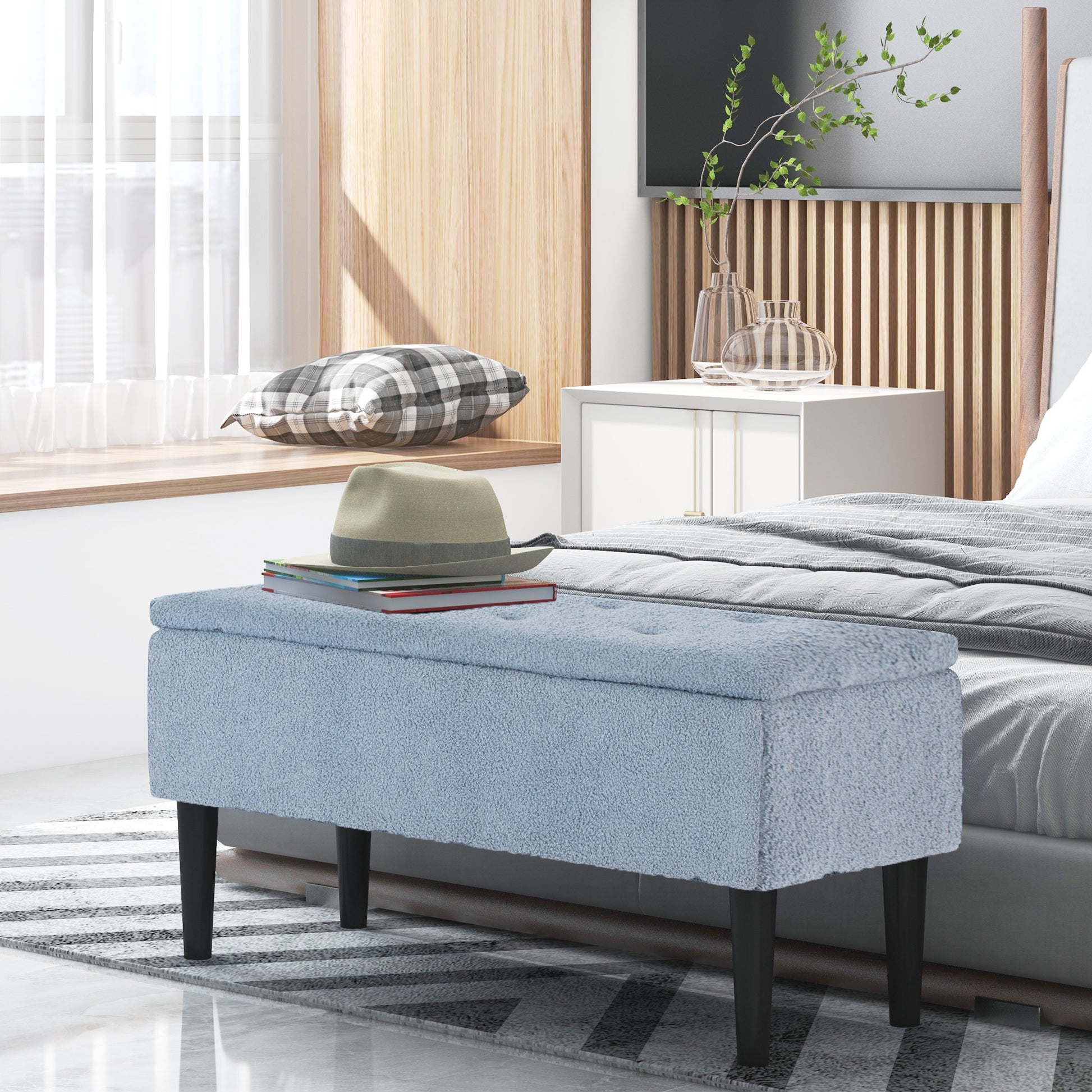 Storage Bench, Bed Bench, Upholstered Bench with Flip Top, Velvet Look, Trunk Bench, for Living Room, Bedroom, Blue, 95 x 38 x 45 cm