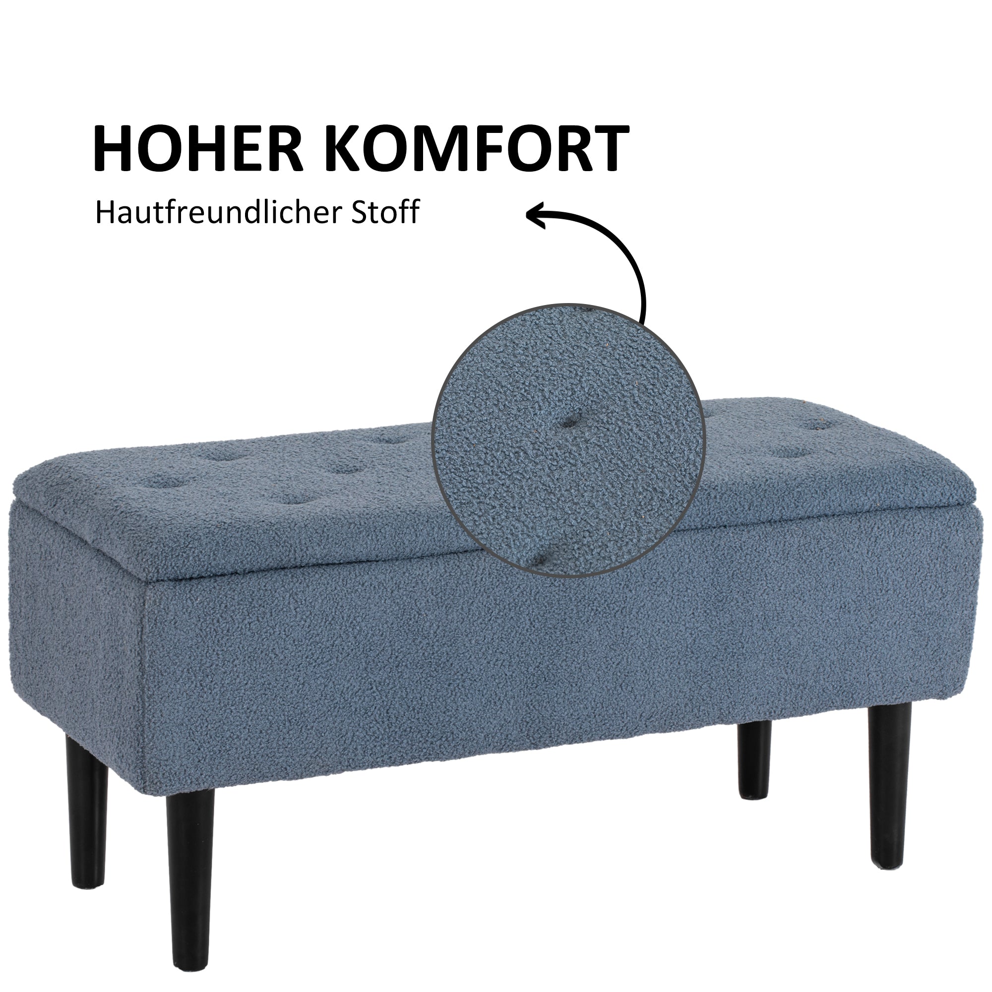 Storage Bench, Bed Bench, Upholstered Bench with Flip Top, Velvet Look, Trunk Bench, for Living Room, Bedroom, Blue, 95 x 38 x 45 cm