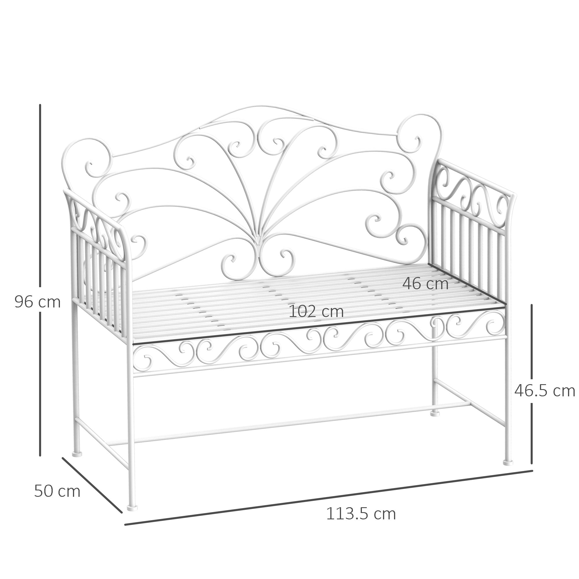 2-Seater Outdoor Bench, Romantic Style Garden Bench Iron 113.5 x 50 x 96cm White