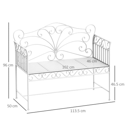 2-Seater Outdoor Bench, Romantic Style Garden Bench Iron 113.5 x 50 x 96cm White